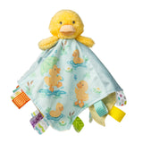 Mary Meyer Taggies Dunkin Duck Character Blanket: blue with duck prints, ribbon tags, and attached plush for cozy cuddles.
