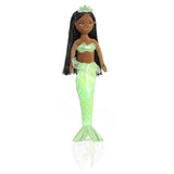 Aurora Sea Sparkles Ella: mermaid doll with long black hair, green crown, shimmery green tail, and matching shiny top.