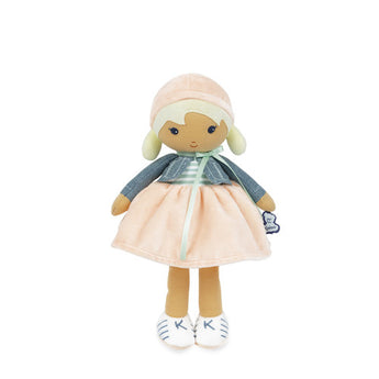 Janod Juratoys Tendresse, Chloe K Doll Large: a cuddly fabric doll with light hair, a pink hat, a grey bolero jacket, and a pink skirt.