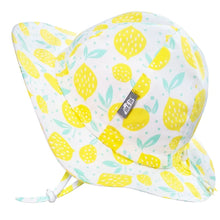 Load image into Gallery viewer, Sun Hat, Lemon Fresh: white sun hat with yellow lemon design, wide brim & adjustable drawstring head & chin strap; 50+ UPF breathable cotton.
