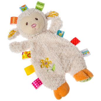 Mary Meyers Sherbet Lamb Lovey features colorful tags, an embroidered flower, and orange feet for a farm-fresh style.