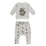 Organic Sweatshirt & Jogger Set, Owl Hoo?: gray sweatshirt with owl illustration, and gray joggers with owl & moon print.