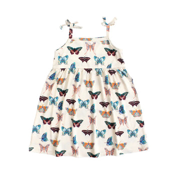 Sundress, Butterflies: cream dress with tie shoulder straps and colorful butterfly pattern; made of bamboo viscose.