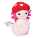 Funglotl: pink axolotl stuffed animal with dark pink ears and red mushroom hat.