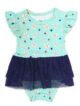 Load image into Gallery viewer, Emerson and Friends Skirt Onesie: Teal onesie with Baseball Buddies print, ruffled sleeves, and a navy tulle skirt for your little star.