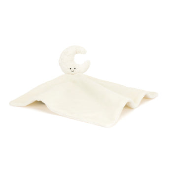 Jellycat Soother Amuseables Moon: Cream blanket with plush smiling moon—an adorable newborn gift from Jellycat.