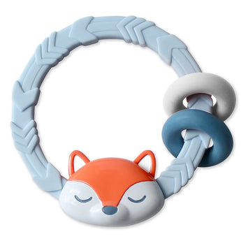 The Itzy Ritzy Ritzy Rattle, Fox, is a cute blue fox teether with two rings—ideal for soothing and entertaining your baby.