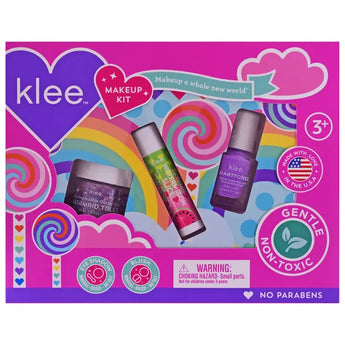Pinwheel Love Makeup Kit, Swirling Purple: nail polish, lip balm, and glitter shown in a colorful pink & purple box with rainbows.