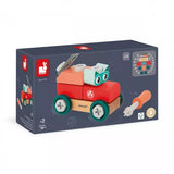 A Janod Juratoys DIY Cat Car construction set featuring wooden pieces and an orange screwdriver for assembly.