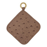 Organic Lovey, Latte Mountain: brown square lovey with mountain pattern attached to wooden ring.