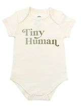 Cream-colored Luxury Bodysuit from Emerson and Friends features Tiny Human in green—perfect for your little one.
