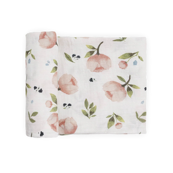 Little Unicorn Organic Cotton Swaddle, Watercolor Floret—sweet shower gift in pink peach & green leaf muslin print.