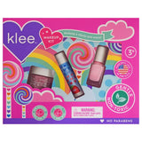 Pinwheel Love Makeup Kit, Spinning Pink: nail polish, lip balm, and glitter shown in a colorful pink & purple box with rainbows.