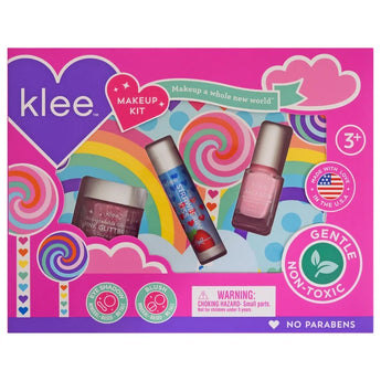Pinwheel Love Makeup Kit, Spinning Pink: nail polish, lip balm, and glitter shown in a colorful pink & purple box with rainbows.