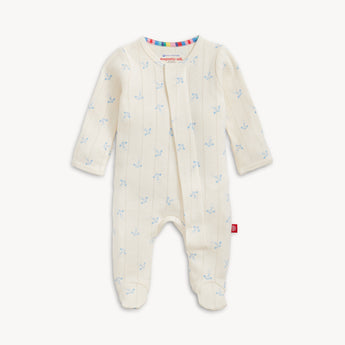 Magnetic Me Footie Airplanes: cream organic cotton, blue prints, long sleeves, footed legs. Brand: Magnetic Me.