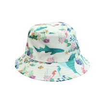 Load image into Gallery viewer, Emerson and Friends Reversible Bucket Hat, Coral Reef: features sharks, fish, coral & seaweed in a vibrant ocean print.