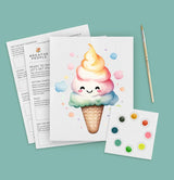 Kids Watercolor Kit, Happy Ice Cream: ice cream illustration on paper, pages of directions, paintbrush, and set of watercolors.