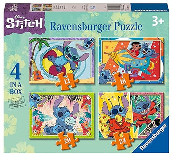 4 Puzzles In A Box, Disney Stitch: green box with 4 cartoon character illustrations; text "Disney Stitch Ravensburger Puzzle 3+ 4 in a Box."