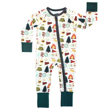 Load image into Gallery viewer, Sleeper, Camp Emerson: white long sleeve pajamas with camping themed pattern, green cuffs, and front zipper; made of bamboo viscose.