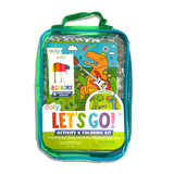 Activity & Coloring Kit, Robo Dinos: bag with green details, dino book & markers inside; text "ooly Let's Go! Activity & Coloring Kit."