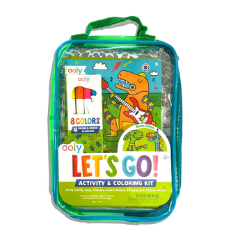 Activity & Coloring Kit, Robo Dinos: bag with green details, dino book & markers inside; text "ooly Let's Go! Activity & Coloring Kit."