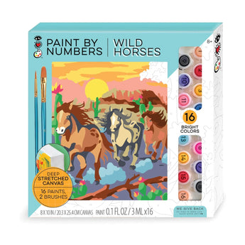Paint By Numbers, Wild Horses: blue & white box with colorful horse illustration & 2 brushes, paints visible inside. 16 bright colors.