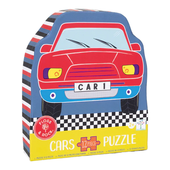 Floss and Rocks 12 Piece Puzzle, Cars features a red cartoon car CAR 1 with a checkerboard pattern to boost kids cognitive skills.