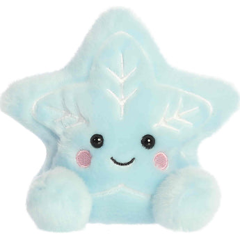 Aurora Palm Pals- Lumi Snow Star: Plush blue star with a smile, pink cheeks, leaf accents, and two fuzzy pom-poms at the base.