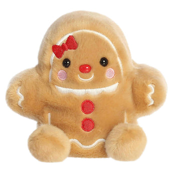 Aurora Palm Pals- Gia Gingerbread: soft, fuzzy plush doll with red bow, red buttons, pink cheeks, and a sweet smile.