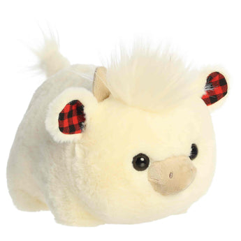 Holly Highland Cow plush by Aurora features cream fur and plaid ears—a cute farmhouse accent or cozy holiday gift.