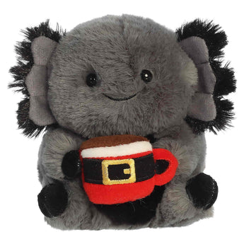 Aurora’s Axton Axolotl w/ Mug is a plush axolotl holding a festive red mug, smiling with cute black button eyes.