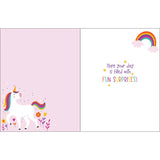 Inside of Birthday Card, Magical Unicorn: card with unicorn, rainbow, & flower design with text "Hope your day is filled with fun surprises!"