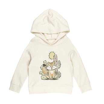 Front view of Organic Hoodie, Little Fox: beige raglan hoodie made of 100% cotton with an fox illustration.