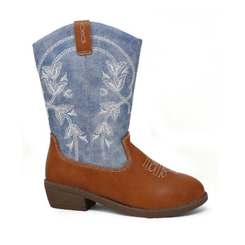 Krazy Kicks Cowboy Boots in Rust: brown/blue two-tone leather with floral embroidery on the shaft.
