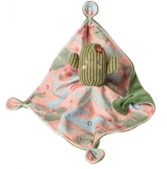 The Mary Meyer Sweet Soothie Blanket boasts a plush cactus on a pink and green blanket with cartoon cacti and knotted corners.