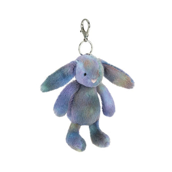 Jellycat Bag Charm Zodihop Luxe Bunny: a multicolored plush bunny keychain with long ears and a silver clasp.