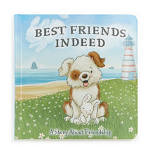Load image into Gallery viewer, Cover of Best Friends Indeed Board Book: A Story About Friendship with dog, bunny, and lighthouse illustration.