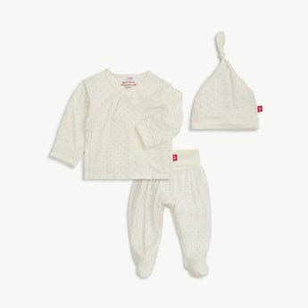 Magnetic Me Kimono Pin Dot Cream: soft modal wrap shirt, pants & hat set with tiny grey dots by Magnetic Me.