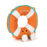 Jellycat Amuseables Life Ring: a plush orange & white lifebuoy with a smile, dangling legs & embroidered details.