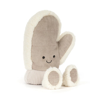 Jellycat Amuseables Fitswell Mitten by Zoolikins: plush mitten toy with cream trim, smile, & 2 matching Jellycat pieces in front.