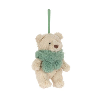 Jellycat, Bartholomew Jr. Winter Warmer plush beige bear ornament with a green faux-fur scarf and a green hanging loop.
