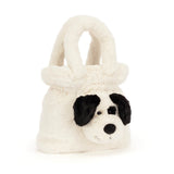 Jellycat, Handbag Rufferty Puppy, a cream-colored plush handbag shaped like a puppy face with black ears and a black eye patch.
