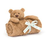 A Jellycat, Blankie Bartholomew Bear featuring a plush brown teddy bear head attached to a soft blanket tied with a branded ribbon.