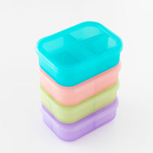 Load image into Gallery viewer, Bumkins Silicone Bento Box 3 Section: Blue Jelly sits stacked on top of three other boxes on a white background.