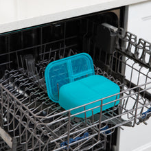 Load image into Gallery viewer, Bumkins Silicone Bento Box 3 Section: Blue Jelly sits in the top rack of an open dishwasher.