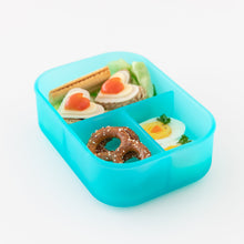 Load image into Gallery viewer, Bumkins Silicone Bento Box 3 Section: Blue Jelly holds eggs, veggies, crackers, and pretzels on a white background.