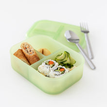 Load image into Gallery viewer, Bumkins Silicone Bento Box 3 Section: Green Jelly holds sushi rolls, salad, and a spring roll. Utensils rest on the lid on a white background.