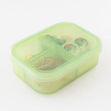 Load image into Gallery viewer, Bumkins Silicone Bento Box 3 Section: Green Jelly neatly holds sushi rolls and snacks on a white background.
