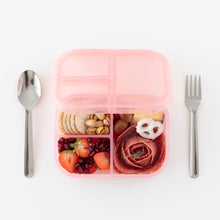Load image into Gallery viewer, Bumkins Silicone Bento Box 3 Section: Pink Jelly filled with crackers, pistachios, fruit, salami, and yogurt pretzels on a white background.