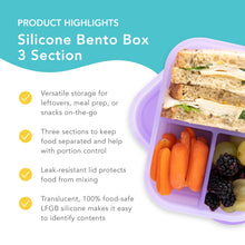 Load image into Gallery viewer, Bumkins Silicone Bento Box 3 Section highlights—versatile storage, 3 sections, leak-resistant lid, translucent 100% food-safe LFGB silicone.